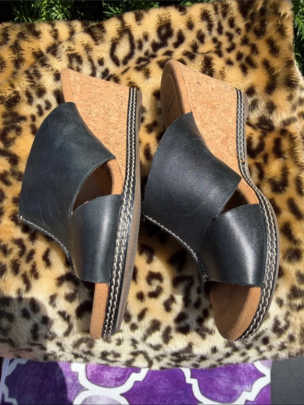 Clarks Black Cork Wedge Slide Sandals 7.5